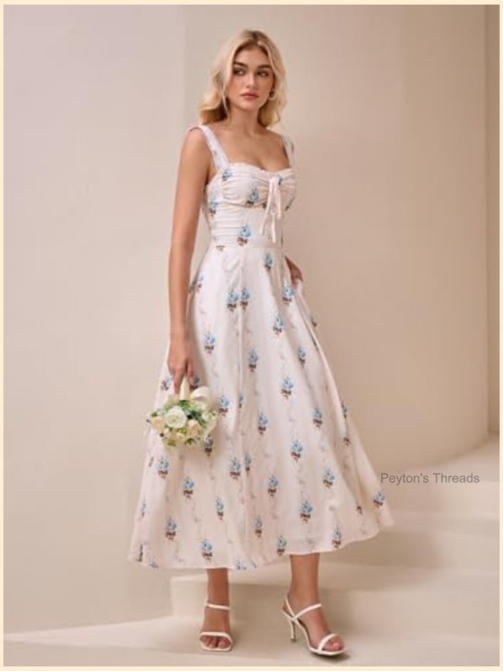 Lace Up Corset Midi Dress with Pockets Flowy A-Line Sweetheart Neckline - Picture 5 of 6